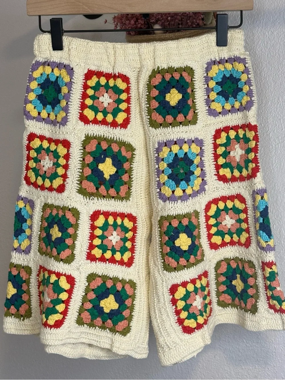 Free People x Flook Crocheted Granny Square Long Shorts Artisan Made Bali
